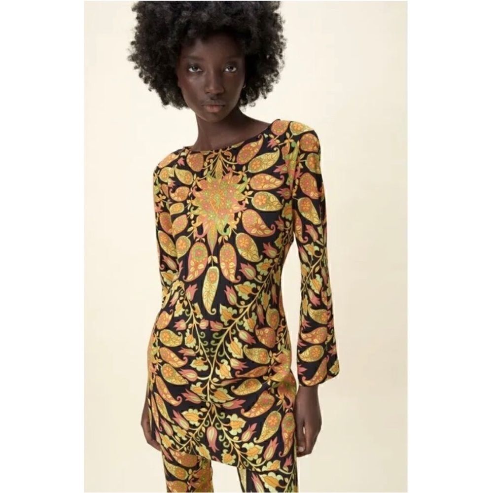 NWT Zara Blogger’s Favorite Long Sleeve Printed Multicolor Open Back Mini Dress - Picture 5 of 12